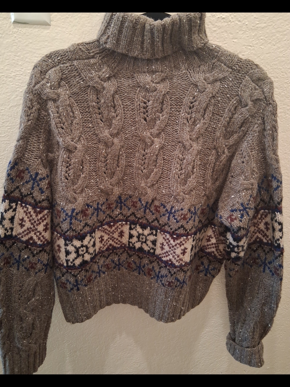 Moda INTL Knit Wool Turtleneck Sweater in Heather Gray with Fair Isle Trim LG